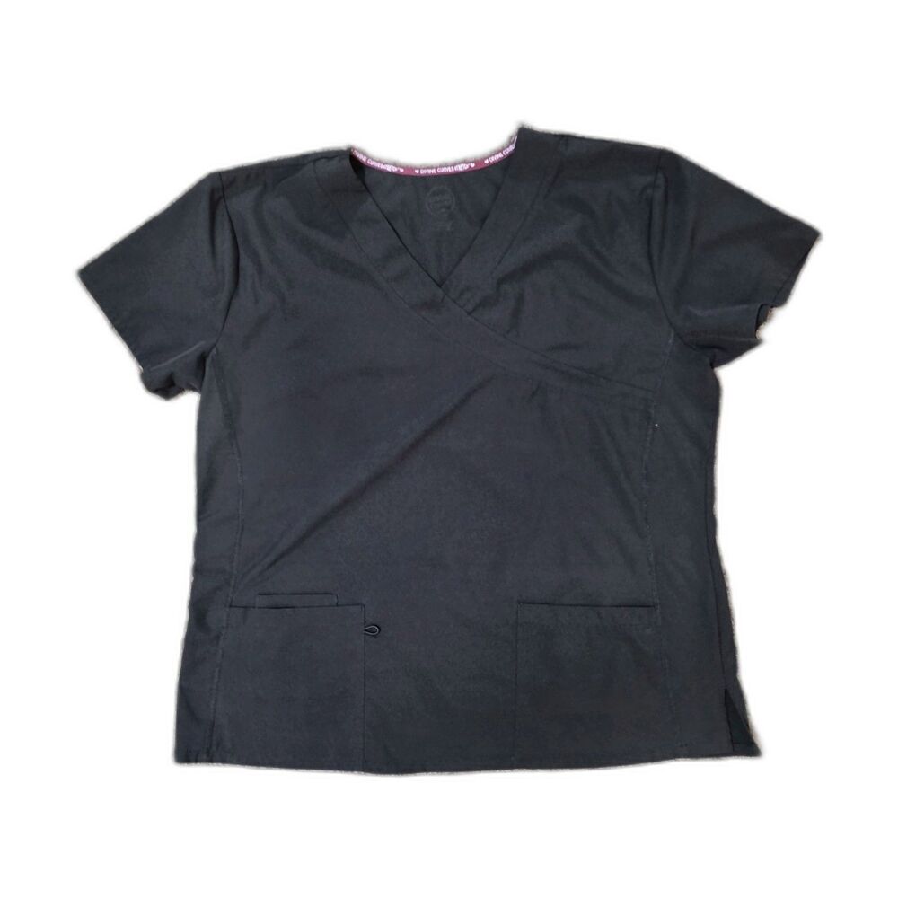 Divine Curves Stretch Scrub Top Womens XL Black V-Neck Medical Uniform Shirt